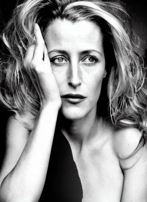 Prompt: a portrait of gillian anderson by mario testino, head shot, award winning, 1 9 9 0, 1 9 9 0 s grunge style, 1 9 9 0 grunge hairstyle, 1 9 9 0 s grunge makeup, sony a 7 r