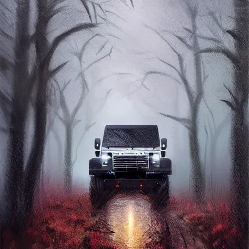 Image similar to a landrover crossing a forest path while its raining, digital art, artstation, photgraphy, highly detailed, digital painting, artstation, concept art, sharp focus, illustration, art by greg rutkowski and artgerm