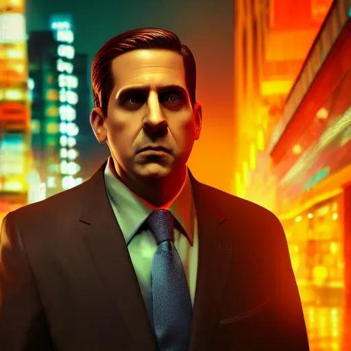 Prompt: cyberpunk Michael Scott from The Office, cibercity, vibrant, 70mm photography, realism artstyle, wide shot, dramatic lighting, octane render, hyperrealistic, high quality, highly detailed, artstation, HD, beautiful, cinematic, 8k, unreal engine, facial accuracy, symmetrical