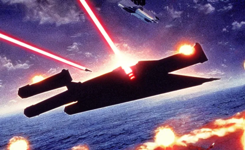 Image similar to iconic cinematic screenshot of an x wing above the ocean, scene from the 1 9 7 0 s star wars sci fi film by stanley kubrick, glowing lasers, kodak film stock, anamorphic lenses 2 4 mm, lens flare, iconic cinematography, award winning