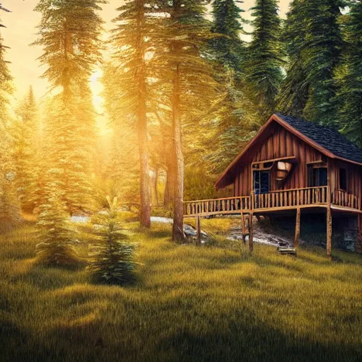 Prompt: beautiful landscape, cabin home on the top of a hill surrounded by trees, natural lighting, 35mm photography, highly detailed, 8K, artgerm, cgsociety, warm lighting