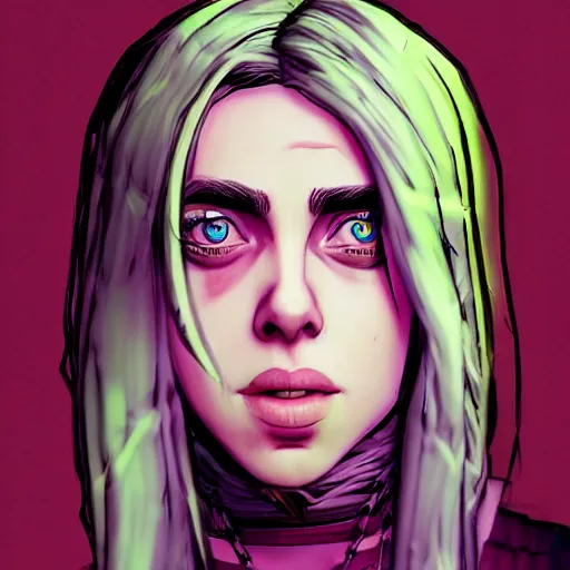 Image similar to billie eilish portrait, borderlands, tales from the borderlands, the wolf among us, comic, cinematic lighting, studio quality, 8 k