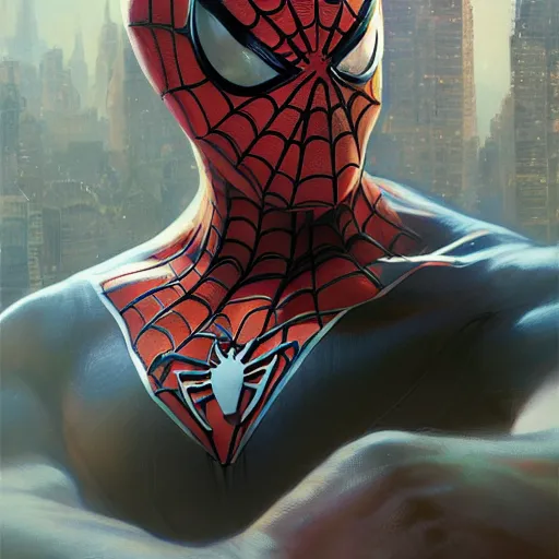 Image similar to Beautiful portrait of spiderman, wide angle, intricate, wild, highly detailed, digital painting, artstation, concept art, smooth, sharp focus, illustration, art by artgerm and greg rutkowski and alphonse mucha - W 768