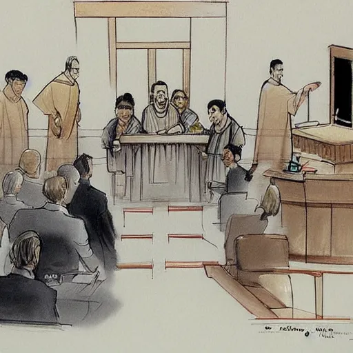 Prompt: Confucius and jury trial in the american courtroom sketch by Batton Lash by John M. Downs by Leo Hershfield, concept art