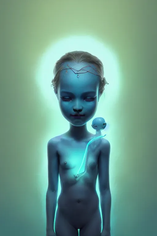 Image similar to super cute Bioluminescent water deity character concept, single head, no double head, soft light, soft mood, realistic body features and face, illustration, painting oil on canvas by Elena Zhurikhina and Goro Fujita and Charlie Bowater, octane render trending on artstation, 4k, 8k, HD