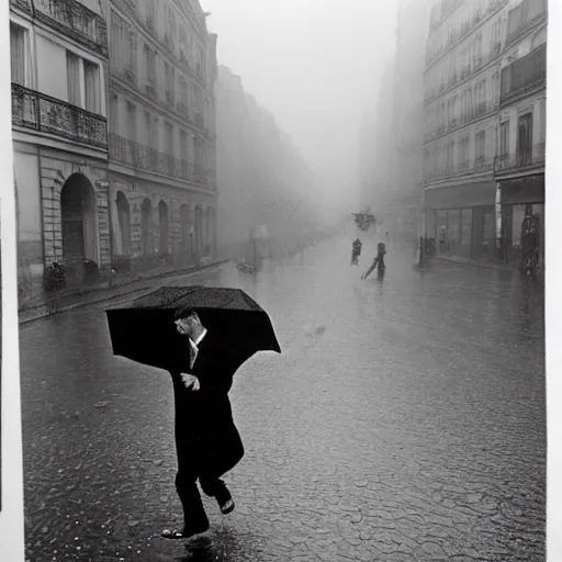 Image similar to the man leaping in a raining paris street, by henri cartier bresson,