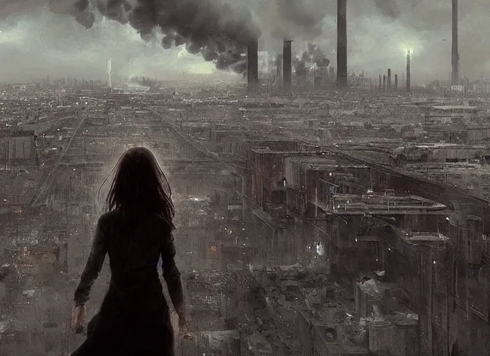 Image similar to mysterious sad girl wrapped in smoke observing a big industrial city metropoli in the distance, cloudy sky, by greg rutkowski