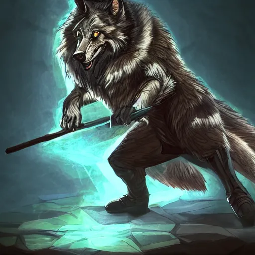 Image similar to wizard is holding a staff as a wolf, dynamic pose, chromatic aberration, medium level shot, fantasy, illustration, concept art,