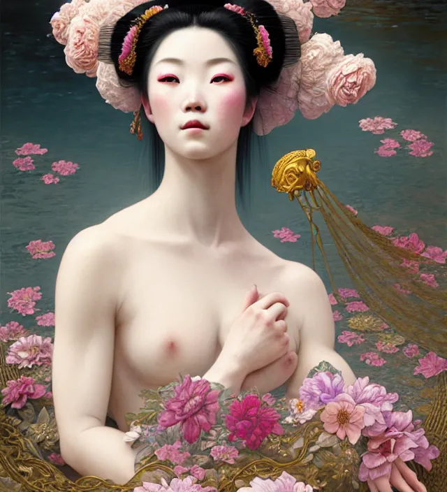 Prompt: baroque portrait of one yakusa tattooed geisha woman of porcelain skin with biomechanic organic elements connected is lying down in a river made of thousand of flowers, cinematic lighting, photorealistic, octane render, 8 k, depth of field, art by artgerm and greg rutkowski and alphonse mucha and uang guangjian