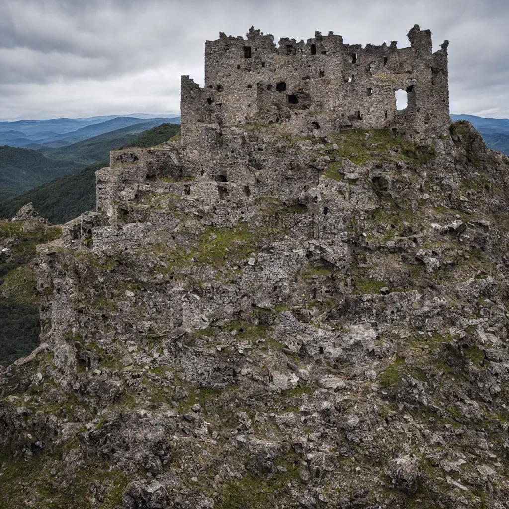 Image similar to photograph, a ruined castle on top of a big mountain, the photo was taken from very far away below the castke looking up at it, there are no other mountains around it, there is only sky in the background, day time, ambient lighting, exteme far up, ultra high detail, 8 k