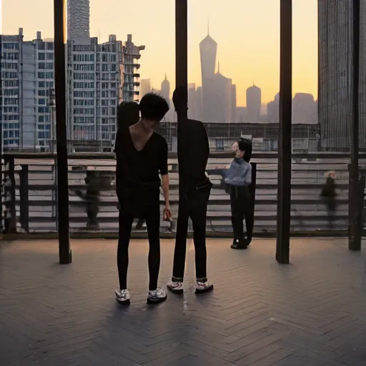 Image similar to a small rooftop with a couple of modern teenagers, standing and talking to each other, wearing black modern clothes, modern shanghai bund is on the background, sunset, by gregory crewdson, by hajime sorayama