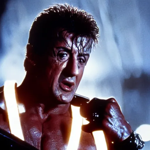 Prompt: sylvester stallone as the terminator from the terminator movie, dramatic film still, close - up, details, sigma 8 5 mm