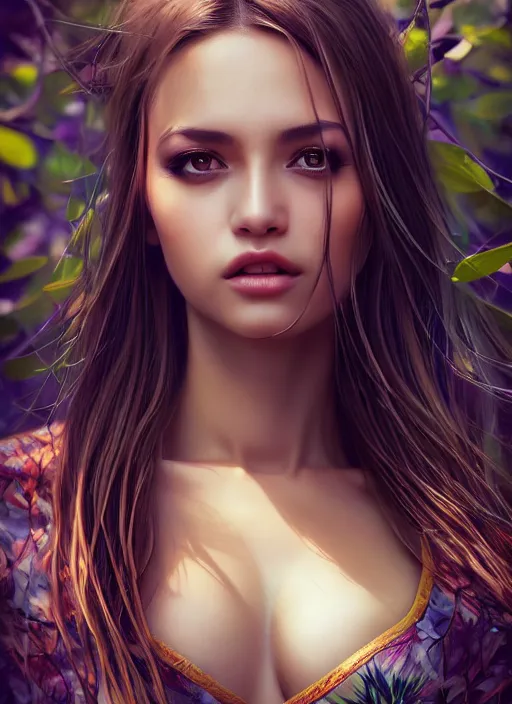 Image similar to photo of a gorgeous female with 3 eyes in the style of stefan kostic, realistic, half body shot, sharp focus, 8 k high definition, insanely detailed, intricate, elegant, art by stanley lau and artgerm, extreme bokeh light spring foliage