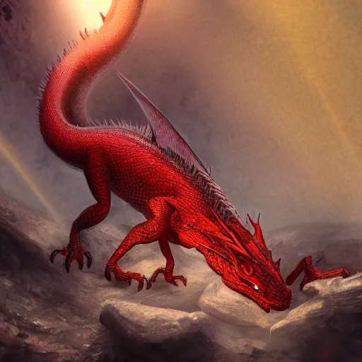 Image similar to red scaly dragon sleeping on a pile of bones in a dark dusty cave with a ray of light shining on it\'s face. Very detailed 8k. Photorealistic fantasy