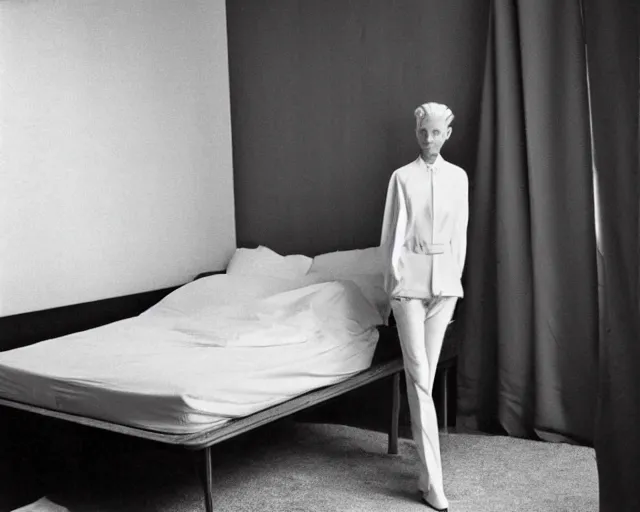 Prompt: tilda swinton standing in a bedroom next to a bed, a colorized photo by Wilhelm Sasnal, tumblr, precisionism, 1970s, matte photo, provia