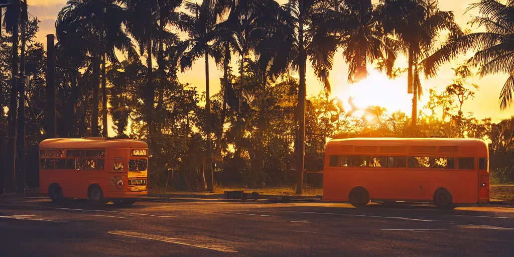 Prompt: Inside the bus, sunset, telephone pole and street, indoor scene by Luis Barragán, in a tropical forest, volumetric lighting, high detail, 14mm, cinematic photography, high resolution