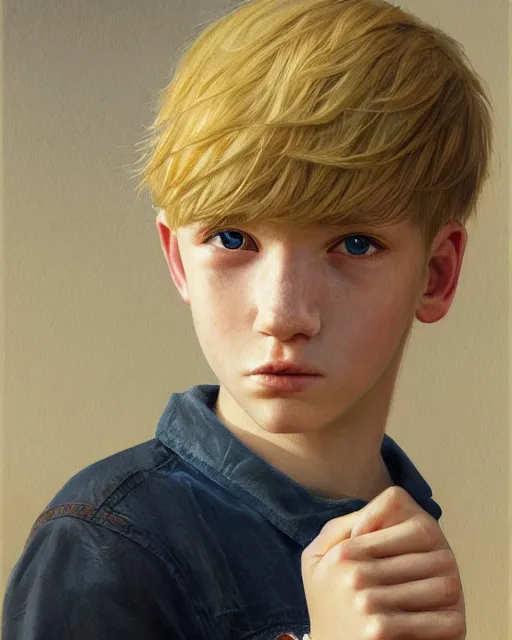 Image similar to portrait of 1 5 - year - old boy with blonde hair, round - face, and slightly buck - toothed, hyper realistic face, beautiful eyes, fantasy art, in the style of greg rutkowski, intricate, hyper detailed, smooth