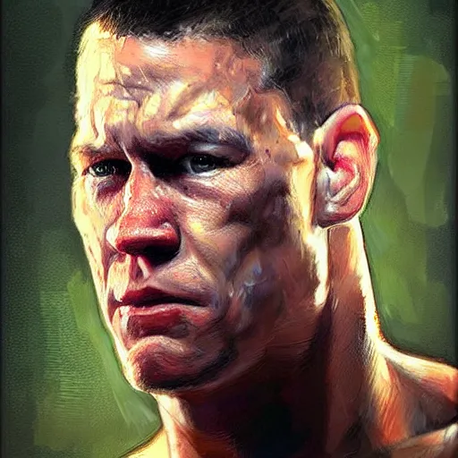 Image similar to A realistic hyperdetailed wide-shot digital oil portrait painting of an John cena in the style of Guy Denning, Ruan Jia, and Craig Mullins. Trending on ArtStation, DeviantArt, and Instagram. CGSociety Digital art. John cena.