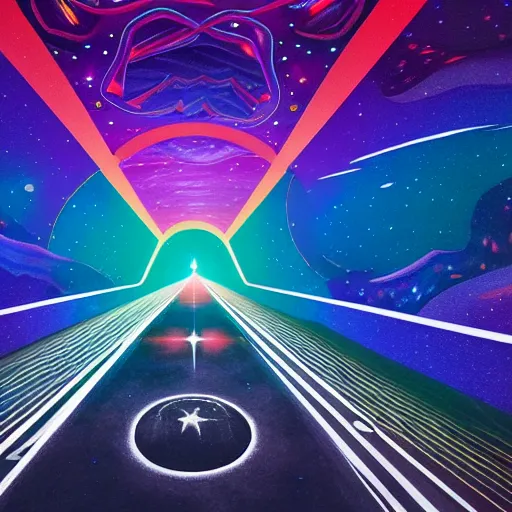 Image similar to interior of cosmic highway created by the gods, beautiful colors, bold architecture, detailed, 4 k