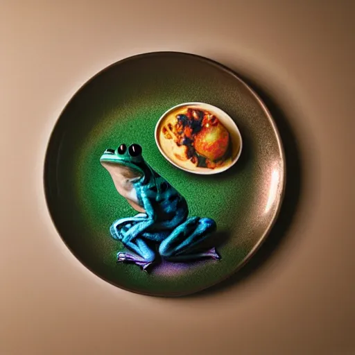 Image similar to frog levitating above the plate on a table with simple food, polaroid photography in style of andrey tarkovski, light caustics, iridescence, paranormal, spiritual, mystical, sublime