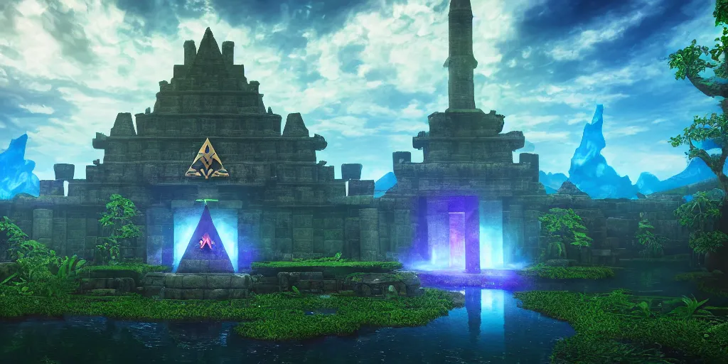 Image similar to legend of zelda water temple, indoor shot, dimly lit, blue torches on the walls, ray - tracing, water reflections, vegetation, unreal engine, 4 k, cool color tone, desktop wallpaper