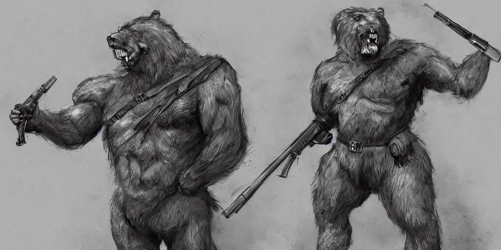 Image similar to Full body concept art of A High fantasy WW1 bear beast-man firing a enchanted heavy shotgun trending on artstation deviantart Pinterest detailed High Resolution HD 8k