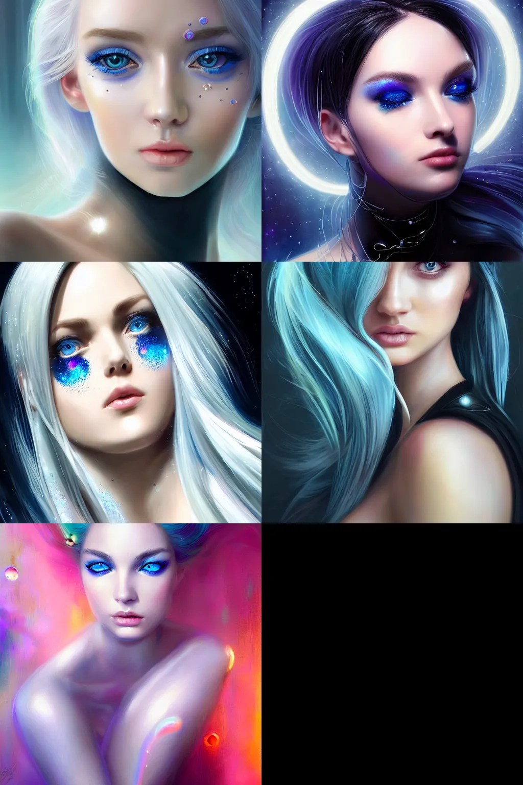 Prompt: portrait of gorgeous girl, dreamy and ethereal, expressive pose, big blue eyes, peaceful expression, futuristic shiny black bodysuit, white hair, silver jewelery, cyberpunk, fantasy, intricate, elegant, many rainbow bubbles, rose tones, highly detailed, digital painting, artstation, concept art, smooth, sharp focus, illustration, art by artgerm and greg rutkowski and alphonse mucha