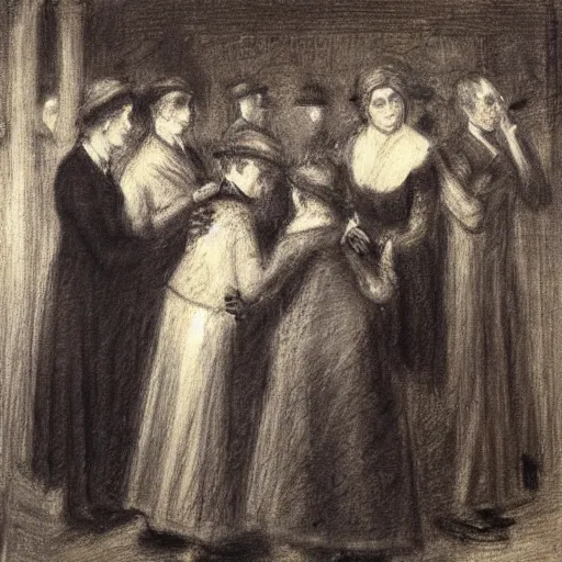 Prompt: a young woman and five man attending a funeral, by alfred stevens, charcoal