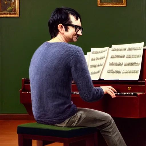 Image similar to An Oil Painting of the back view of Rivers Cuomo in a sweater with long hair and a mustache masterfully playing the piano, hyperrealistic, extremely realistic, highly realistic, HD Quality, 4k resolution, 8k resolution, Detailed, Very Detailed, Highly Detailed, Extremely Detailed, Intricate Details, Real, Very Real, Oil Painting, Digital Painting, Painting, Trending on Deviantart, Trending on Artstation