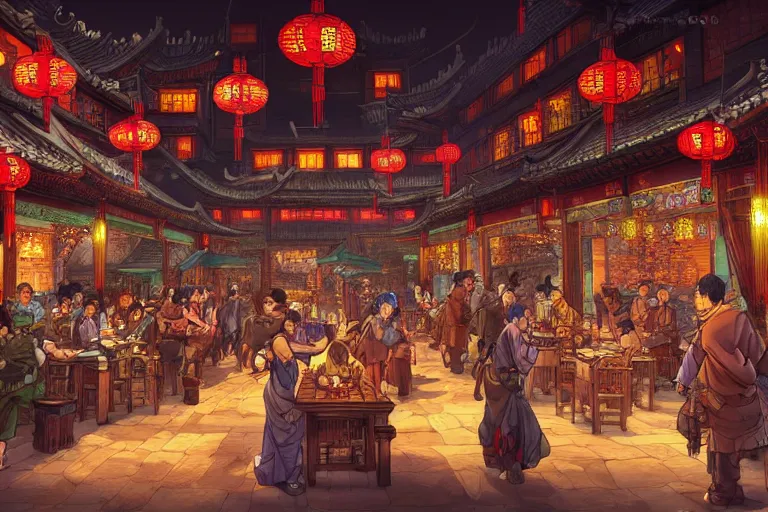 Prompt: fantasy art of a bustling tavern in china, at night, by masamune shirow, highly detailed digital art, trending on artstation