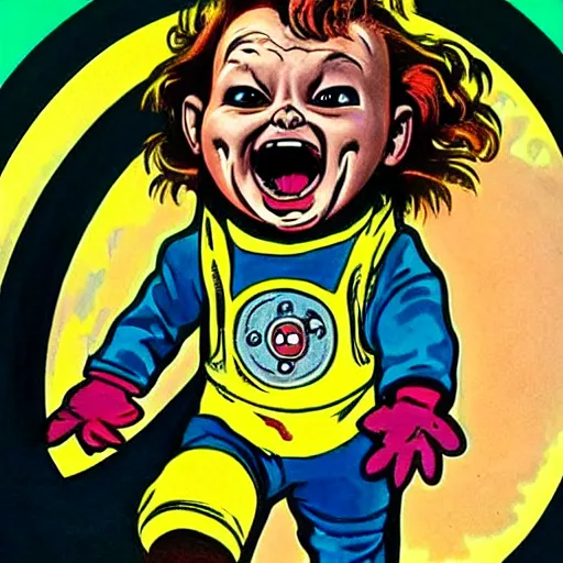 Image similar to a cute little chucky doll screaming. he is dressed as an astronaut. well composed, clean elegant painting, beautiful detailed face. comic book art by steve ditko and jack kirby and ( alphonse mucha )