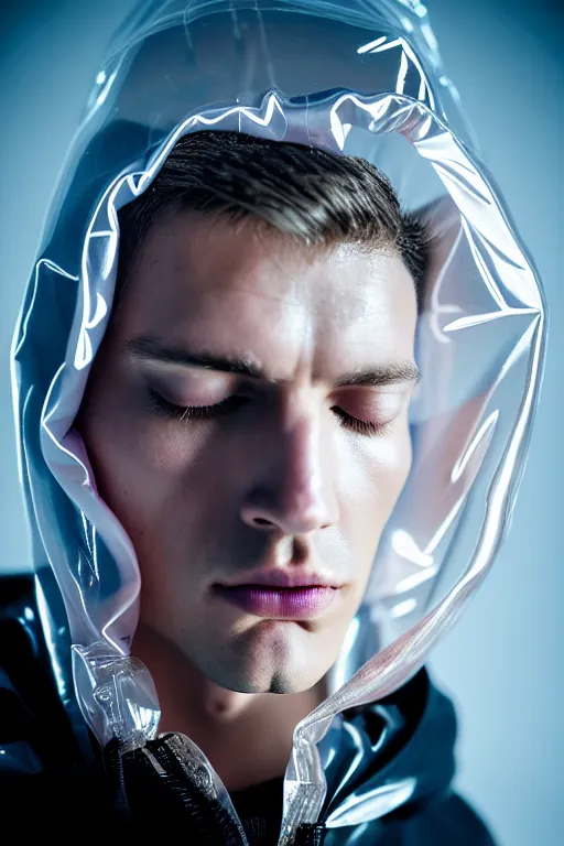 Image similar to an ultra high definition professional high fashion portrait studio full length photograph of a male model falling asleep wearing a transparent pearlescent raincoat and neon visor in an icelandic black rock environment at dawn. no artefacts. extremely detailed. stark. refraction. shallow depth of field. volumetric light and shadow. ray tracing. light rays.