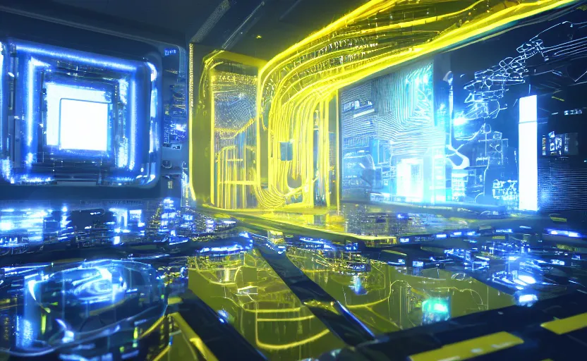 Image similar to inside a dream of a diamond scattered with computer circuitry and led displays, yellow water-cooling coolant, trending on artstation, digital art, octane render, ray-tracing, 4k desktop background