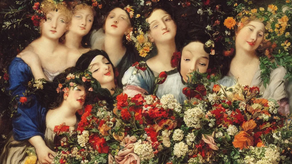 Image similar to A young guy's head is lying in a beautiful bouquet of flowers on a table, and his sisters are looking on, ancient fairy tale style