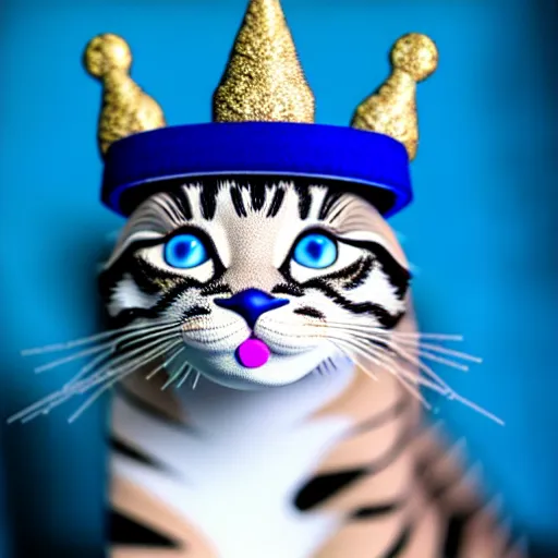 Prompt: toy cat wearing a blue crown , HD , 4k