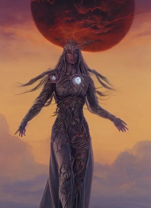 Image similar to biblical beautiful female druid android, shiva, storm, glowing veins, in clouds, sunset, portrait by wayne barlowe, by peter elson, muted colors, by frank frazetta, extreme detail, reflections, trending on artstation, 8 k