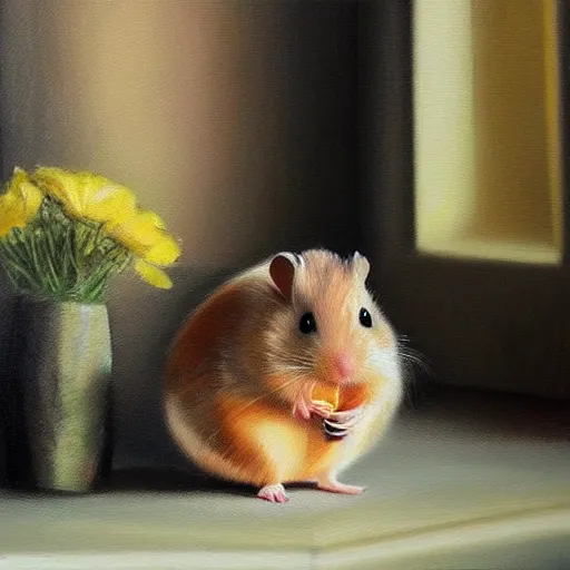 Image similar to hyper realistic oil painting of a hamster in a fancy place drinking a tea