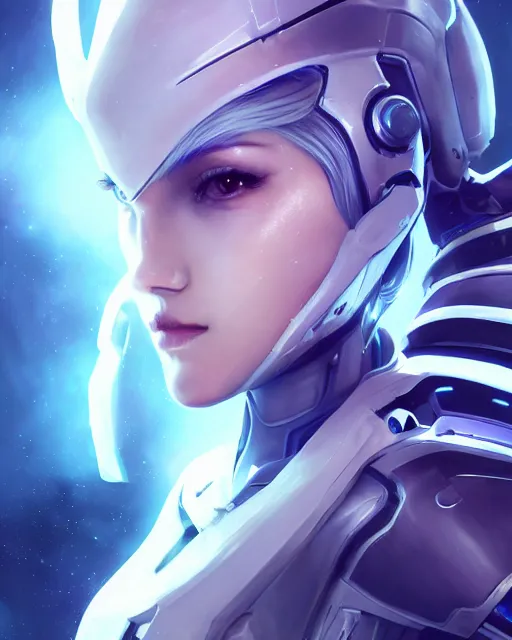 Image similar to perfect android girl on a mothership, warframe armor, beautiful face, scifi, futuristic, galaxy, nebula, raytracing, dreamy, long white hair, blue cyborg eyes, sharp focus, cinematic lighting, highly detailed, artstation, divine, by gauthier leblanc, kazuya takahashi, huifeng huang