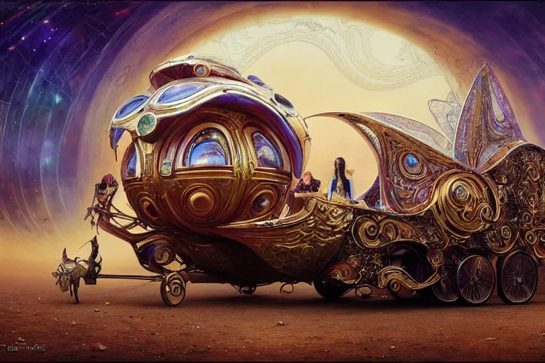 Image similar to a futuristic sci - fi neo - gypsy caravan, decorated polished wood, lace and velvet and silk material, volume light, hyper realistic highly detailed 4 k by karol bak