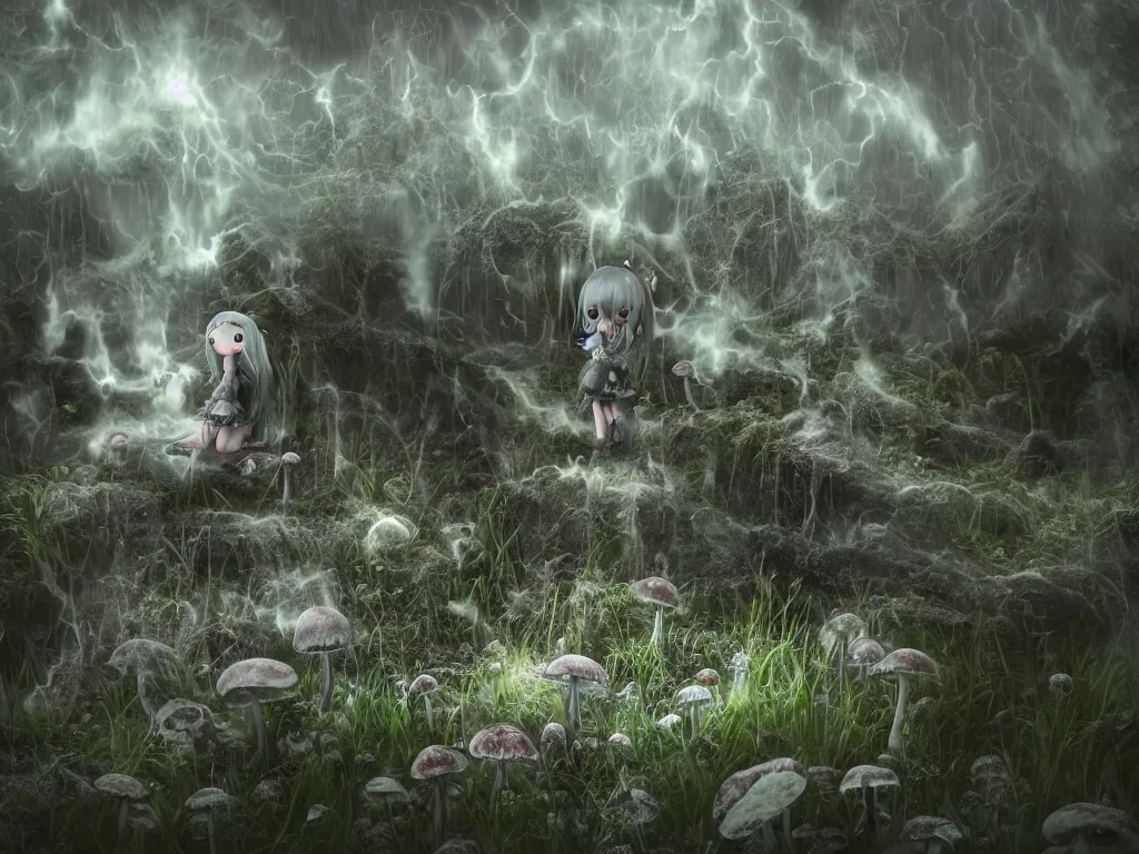 Image similar to cute fumo plush of a gothic maiden girl, overdose, overgrown flooded mystical mushroom forest temple, mysterious ritual over tempestuous stormy water, wisps of volumetric vortices of glowing smoke and fog, vignette, vray