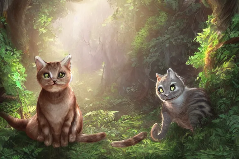 Prompt: a cat in a forest, highly detailed, digital art, trending on artstation, backlighting, by kawacy, by wayne mclouglin, by don bluth