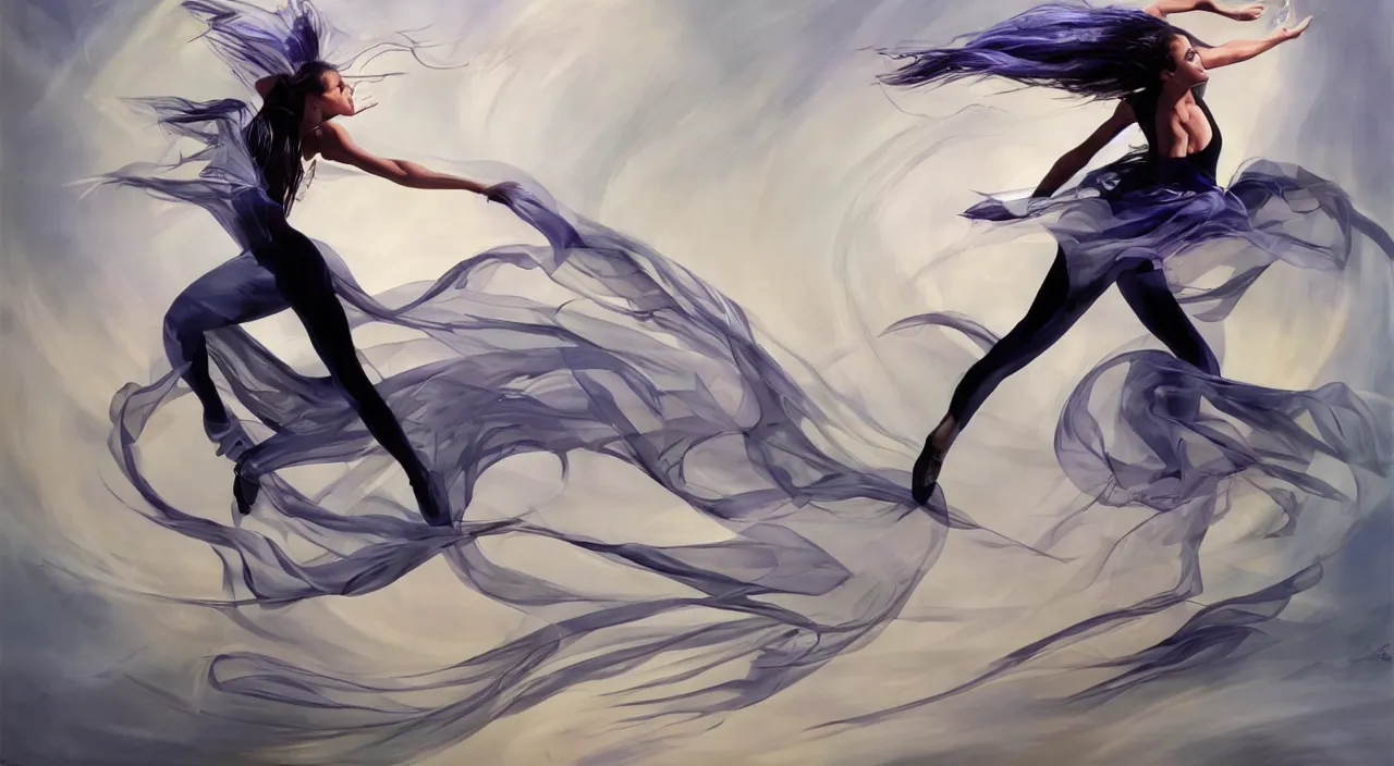 Image similar to a dancer with futuristic clothes dances in a swirling wind by julie bell, trending on artstation