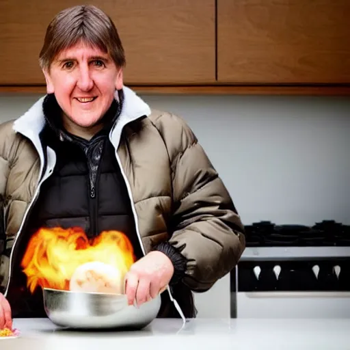 Image similar to photograph of peter beardsley in a puffa jacket cooking eggs