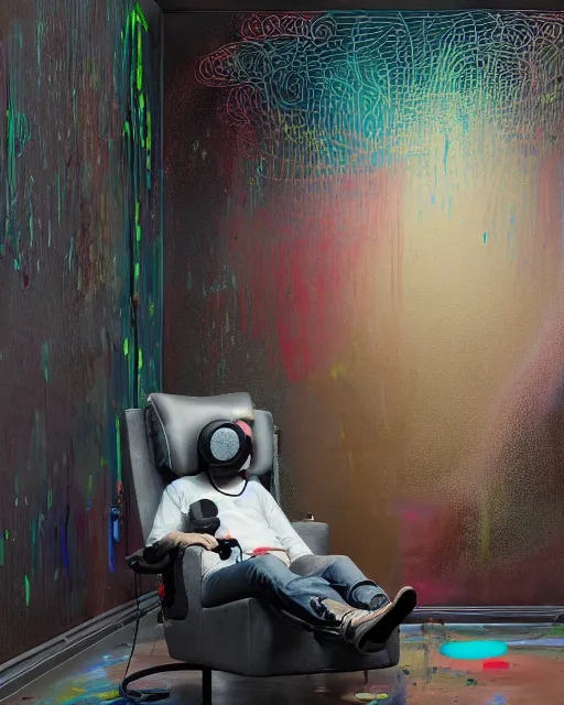 Image similar to a man reclines in a gaming computer chair with headphones on a controller inhand in a domestic interior filled with screens by james jean and luc tuymans and beeple and hernan bas and pat steir and hilma af klint, psychological, 3 d, dripping paint, high quality render, masterpiece