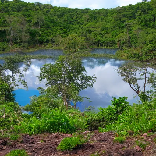 Image similar to jungle landscape, popcorn boulders in the foreground, gumdrop lake in the background