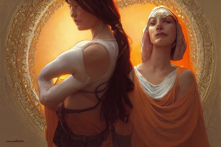 Image similar to portrait of tinfoil hat man in orange t - shirt behind his wife, feelings, romantic, fantasy, intricate, elegant, highly detailed, digital painting, artstation, concept art, smooth, sharp focus, illustration, art by artgerm and greg rutkowski and alphonse mucha