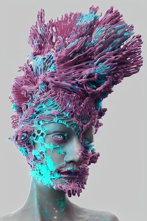 Image similar to epic 3 d abstract sculpture, perlin mesh liquid headdress, 2 0 mm, with pastel pink and cerulean hextech bursting, melting smoothly into other faces, liquid, delicate, beautiful, intricate, houdini sidefx, trending on artstation, by jeremy mann and ilya kuvshinov, jamie hewlett and ayami kojima