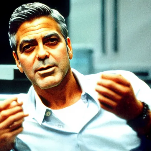 Image similar to George Clooney showing white blueprint on a tv screen, movie Ocean Eleven scene, cinematic, highly detailed