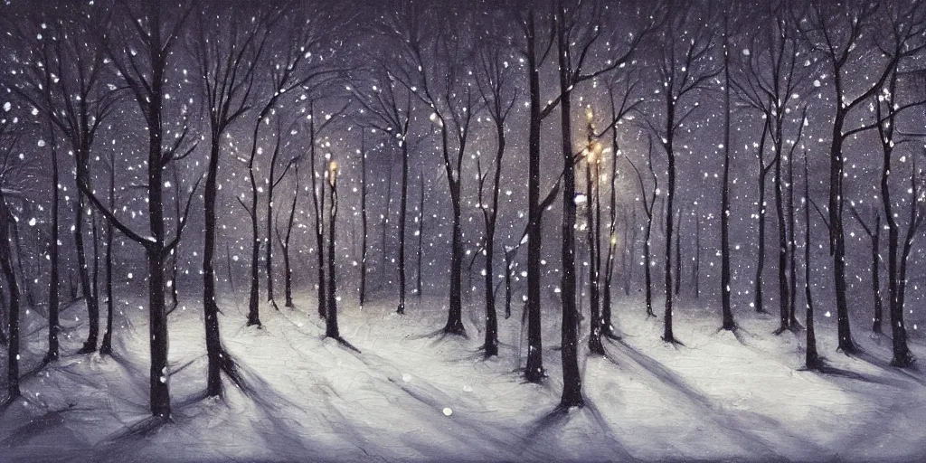 Image similar to snowy forest night scene in a single wooden cabin surrounded by the woods with one illuminated window, horror dark contrast, oil painting