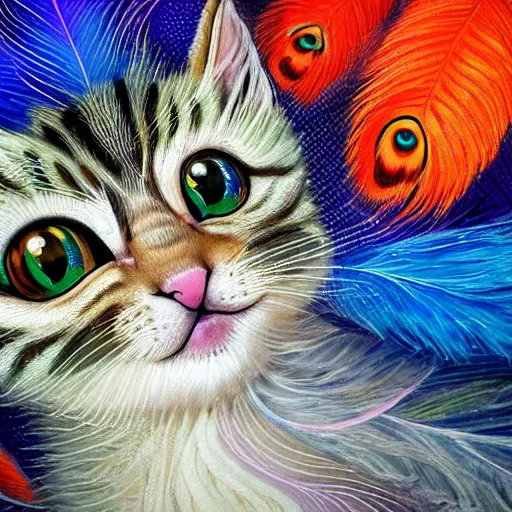 Prompt: cute tabby kitten with long flowing fur and tail made of peacock feathers detailed painting in the style of josephine wall 4 k